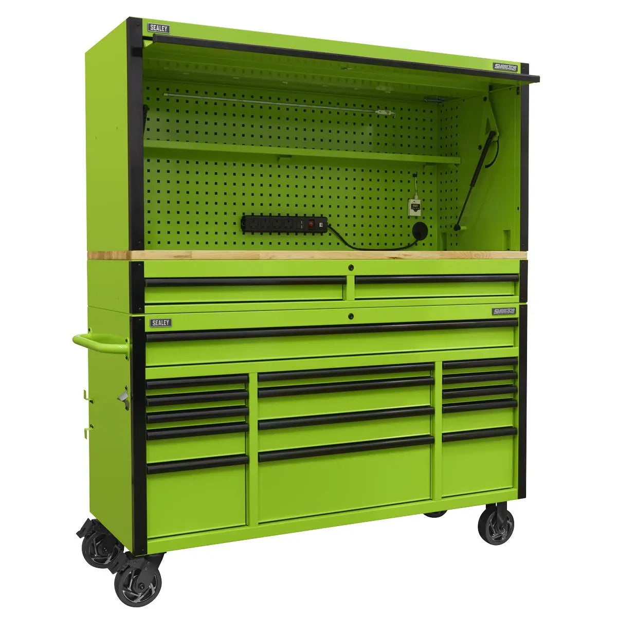 Sealey Superline Pro 15 Drawer 1549mm Mobile Trolley with Wooden Worktop and Hutch and 2 Drawer Riser 