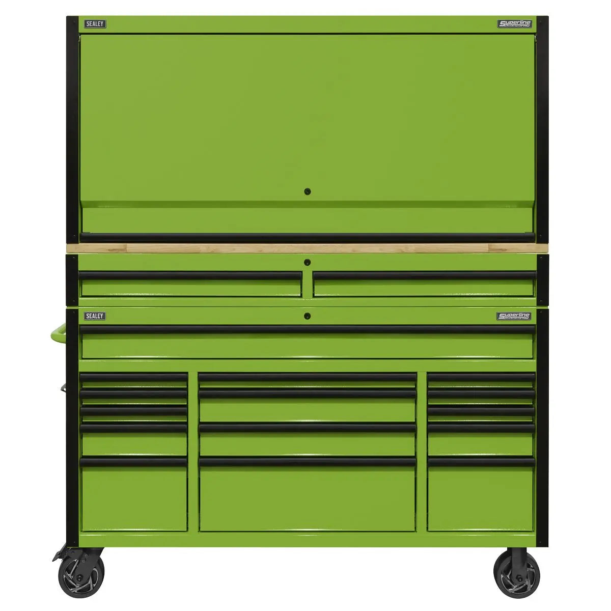 Sealey Superline Pro 15 Drawer 1549mm Mobile Trolley with Wooden Worktop and Hutch and 2 Drawer Riser 