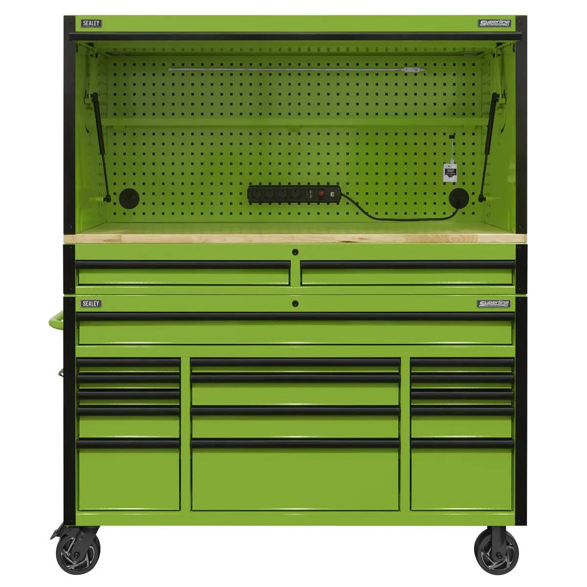 Sealey Superline Pro 15 Drawer 1549mm Mobile Trolley with Wooden Worktop and Hutch and 2 Drawer Riser 
