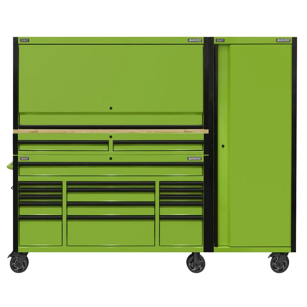 Sealey Superline Pro 15 Drawer 1549mm Mobile Trolley with Wooden Worktop, Hutch, 2 Drawer Riser & Side Locker  White Rose Tools