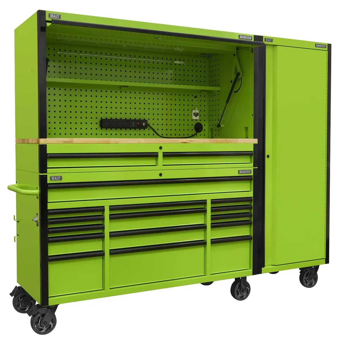 Sealey Superline Pro 15 Drawer 1549mm Mobile Trolley with Wooden Worktop, Hutch, 2 Drawer Riser & Side Locker  White Rose Tools