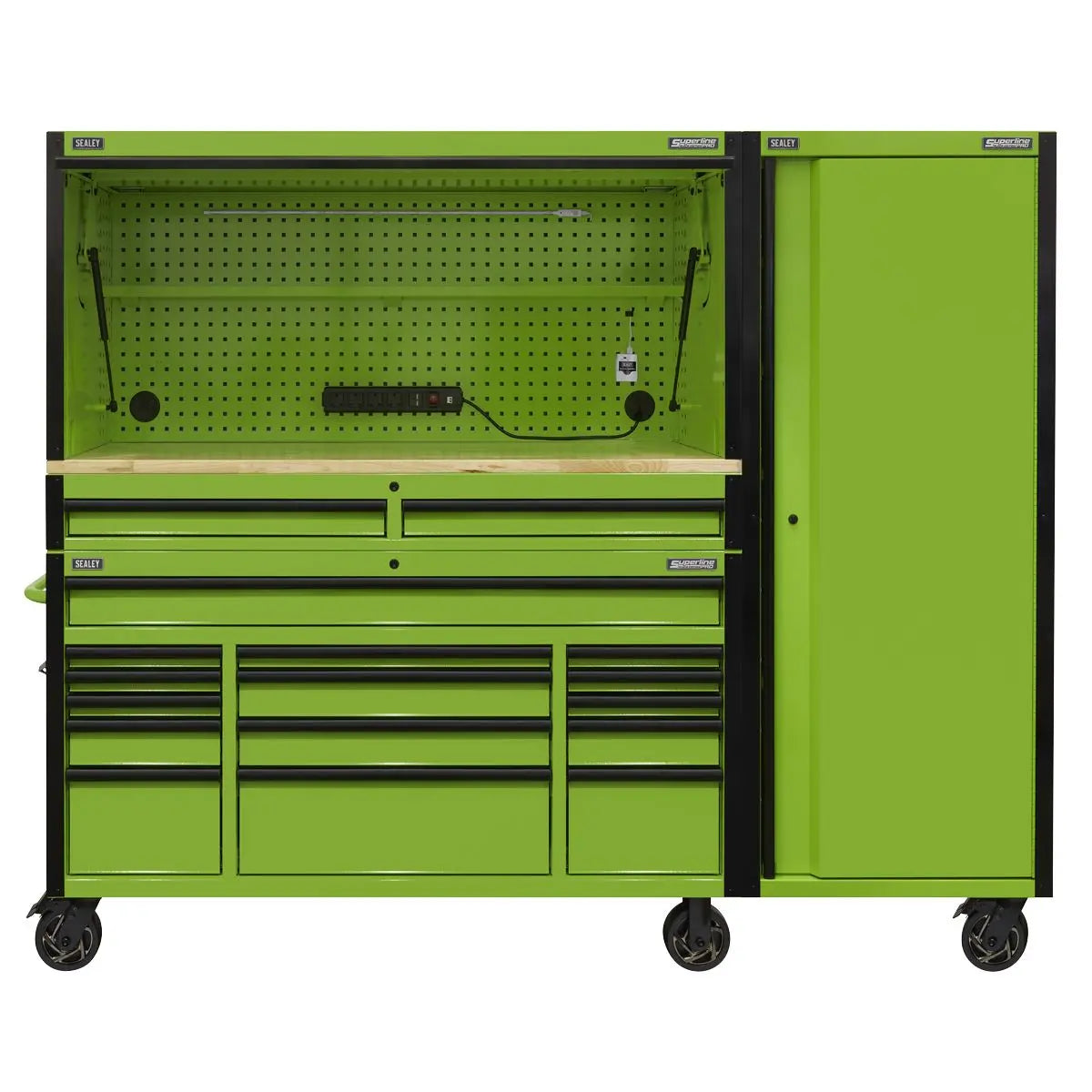 Sealey Superline Pro 15 Drawer 1549mm Mobile Trolley with Wooden Worktop, Hutch, 2 Drawer Riser & Side Locker  White Rose Tools