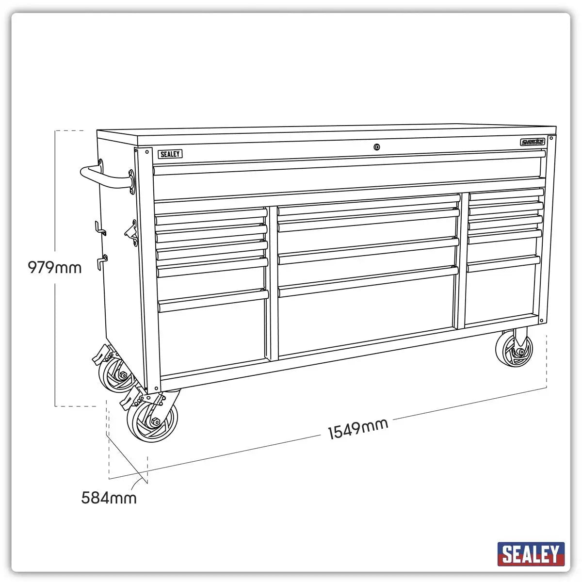 Sealey Superline Pro 15 Drawer Mobile Trolley with Wooden Worktop 1549mm  White Rose Tools