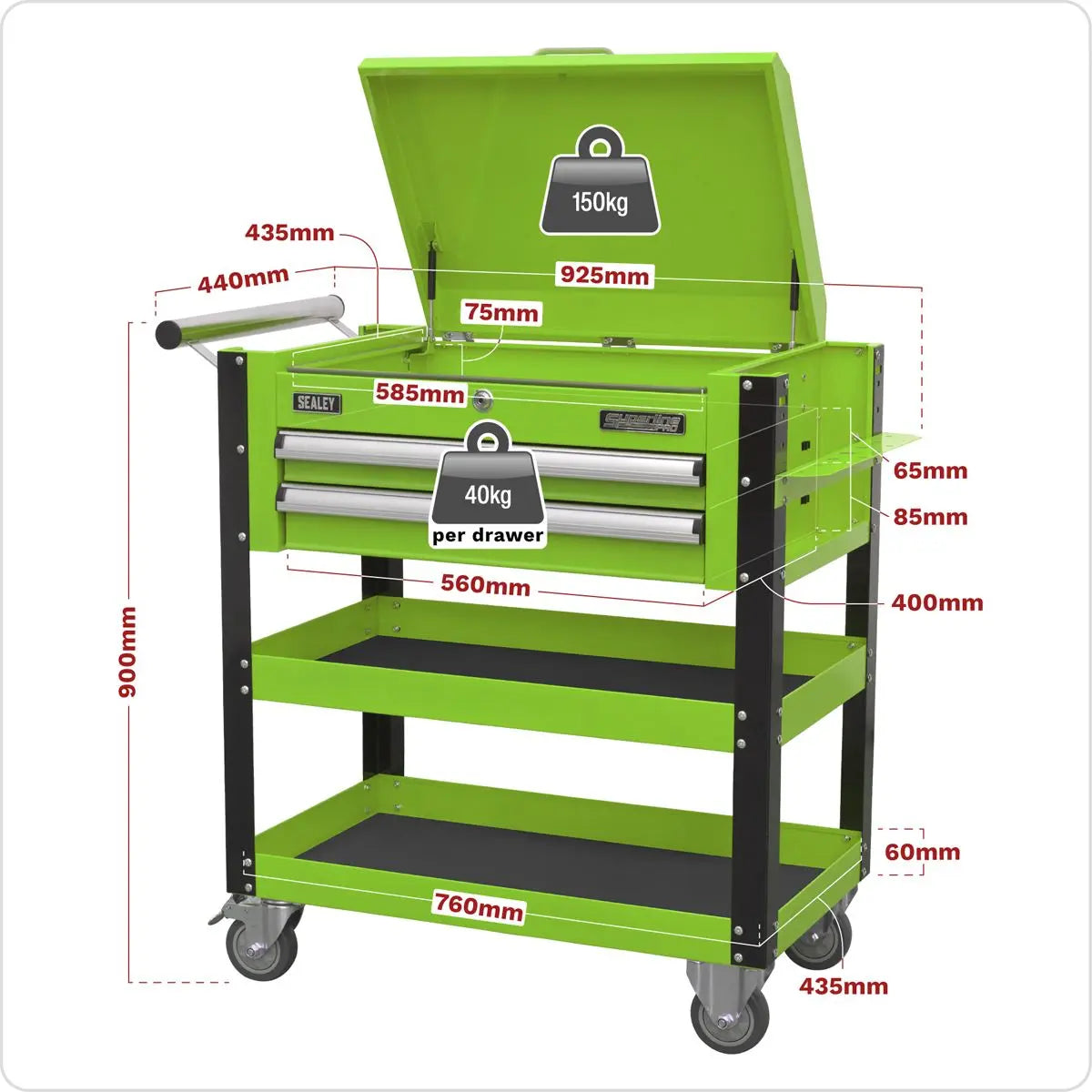 Sealey Superline Pro Heavy-Duty Mobile Tool & Parts Trolley 2 Drawers & Lockable Top - Green 