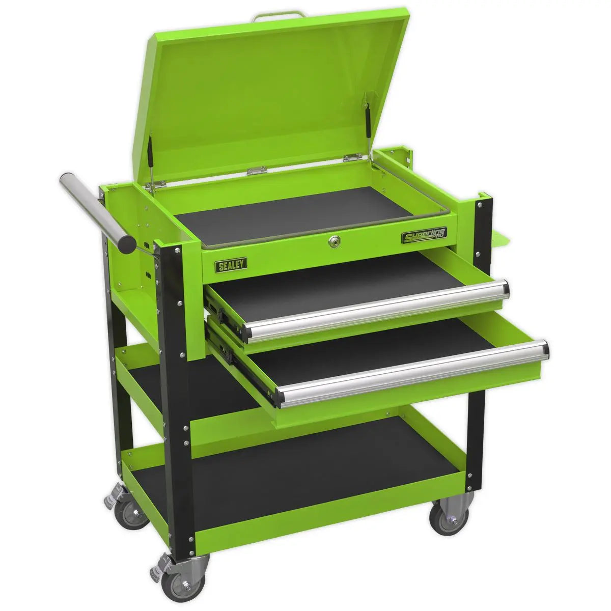 Sealey Superline Pro Heavy-Duty Mobile Tool & Parts Trolley 2 Drawers & Lockable Top - Green 