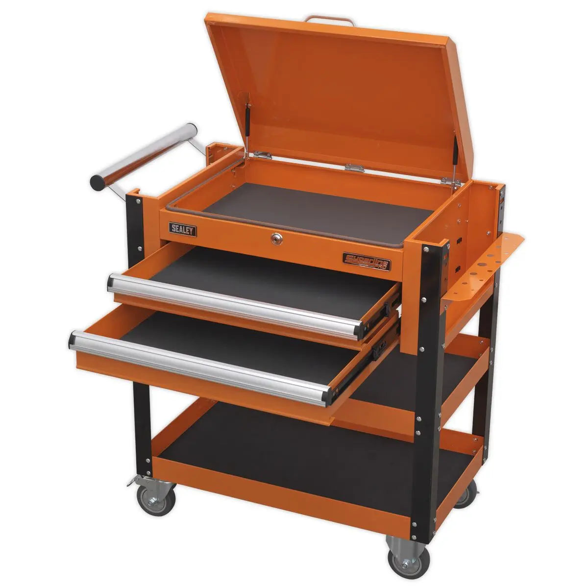 Sealey Superline Pro Heavy-Duty Mobile Tool & Parts Trolley 2 Drawers & Lockable Top - Orange 