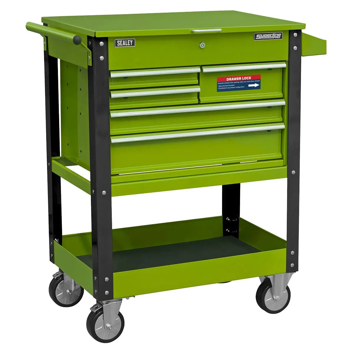 Sealey Superline Pro Heavy-Duty Mobile Tool & Parts Trolley with 5 Drawers and Lockable Top- Hi-Vis Green 