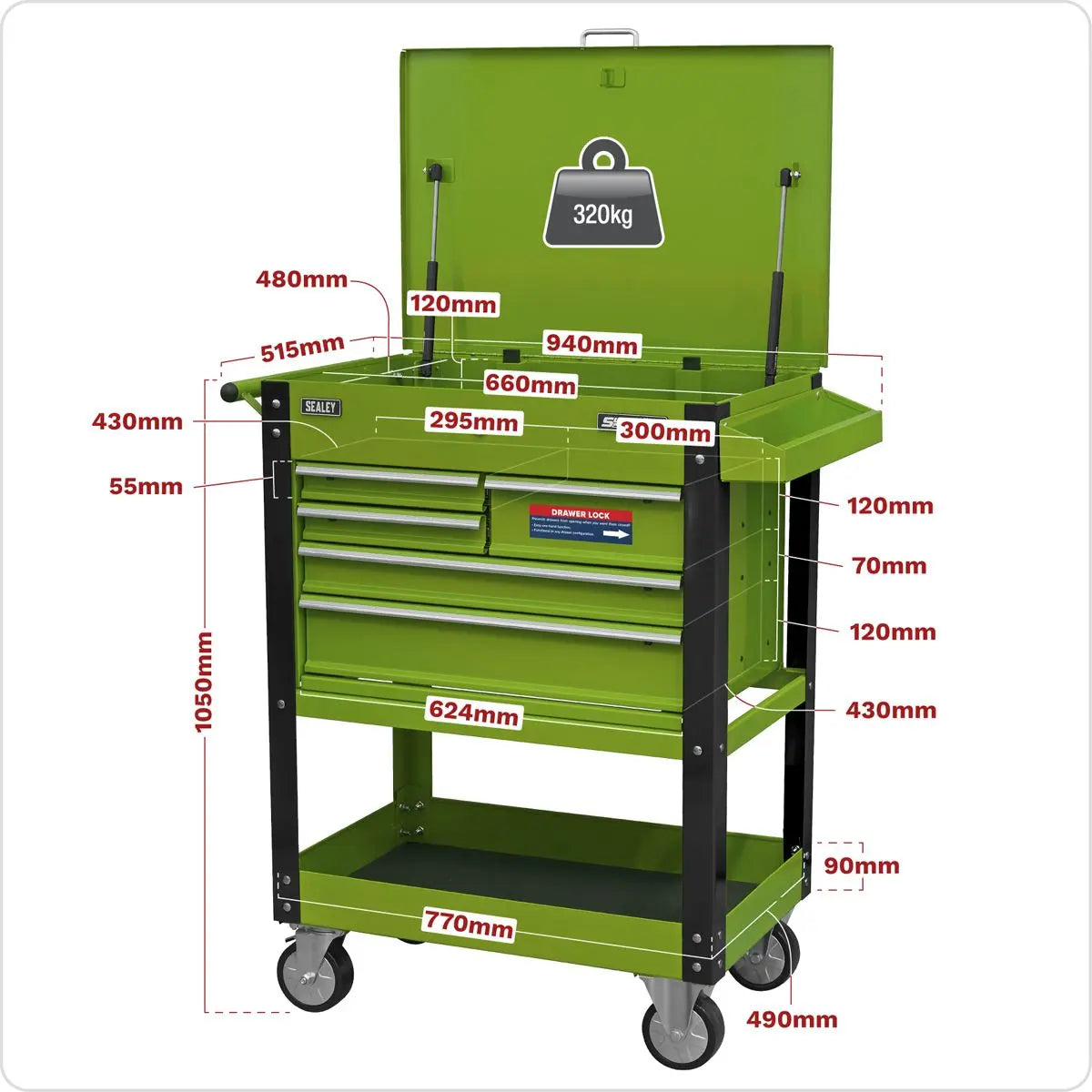 Sealey Superline Pro Heavy-Duty Mobile Tool & Parts Trolley with 5 Drawers and Lockable Top- Hi-Vis Green 