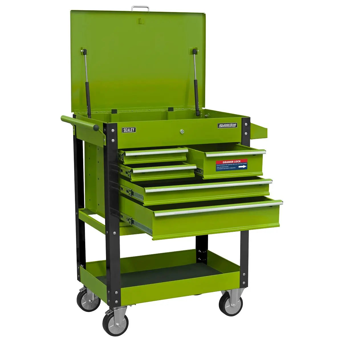 Sealey Superline Pro Heavy-Duty Mobile Tool & Parts Trolley with 5 Drawers and Lockable Top- Hi-Vis Green 