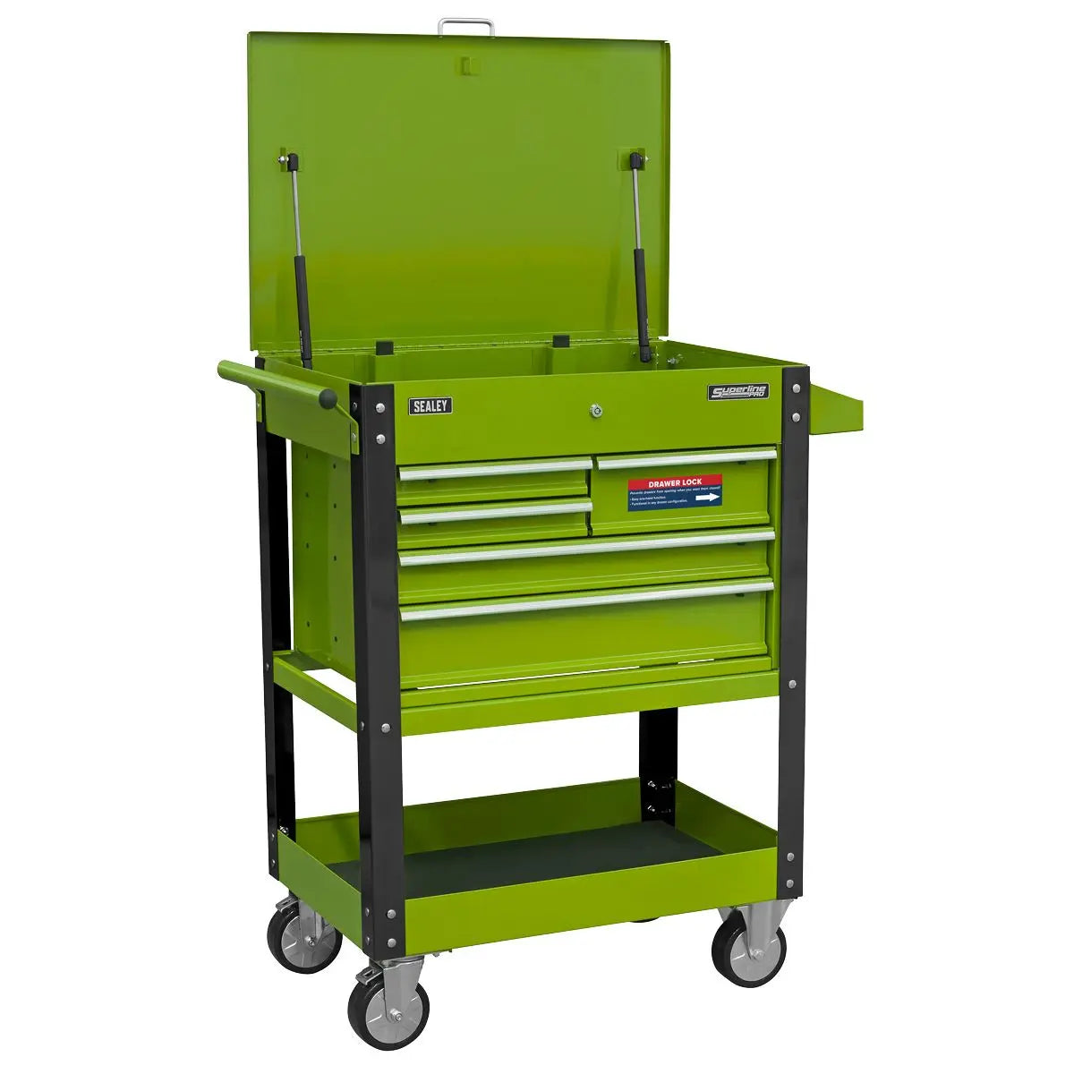 Sealey Superline Pro Heavy-Duty Mobile Tool & Parts Trolley with 5 Drawers and Lockable Top- Hi-Vis Green 
