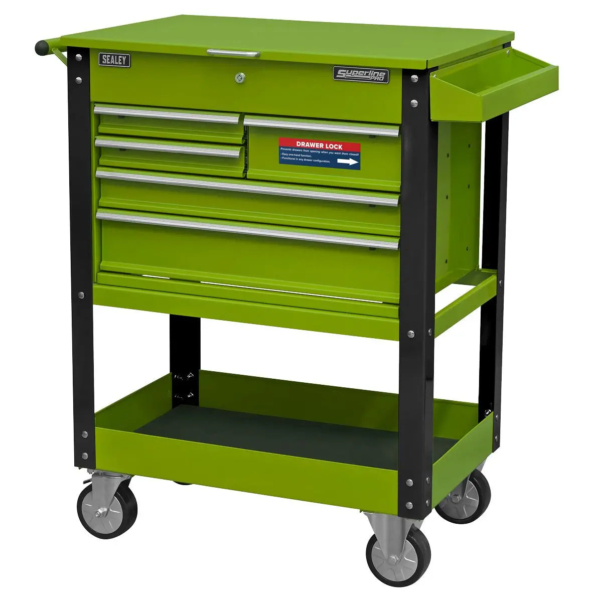 Sealey Superline Pro Heavy-Duty Mobile Tool & Parts Trolley with 5 Drawers and Lockable Top- Hi-Vis Green 