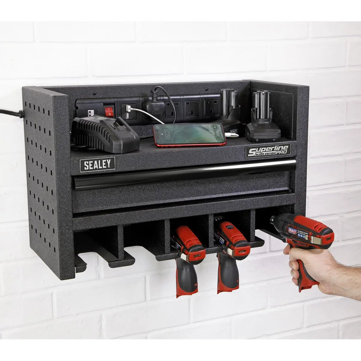 Sealey Superline Pro Power Tool Storage Rack with Drawer & Power Strip 