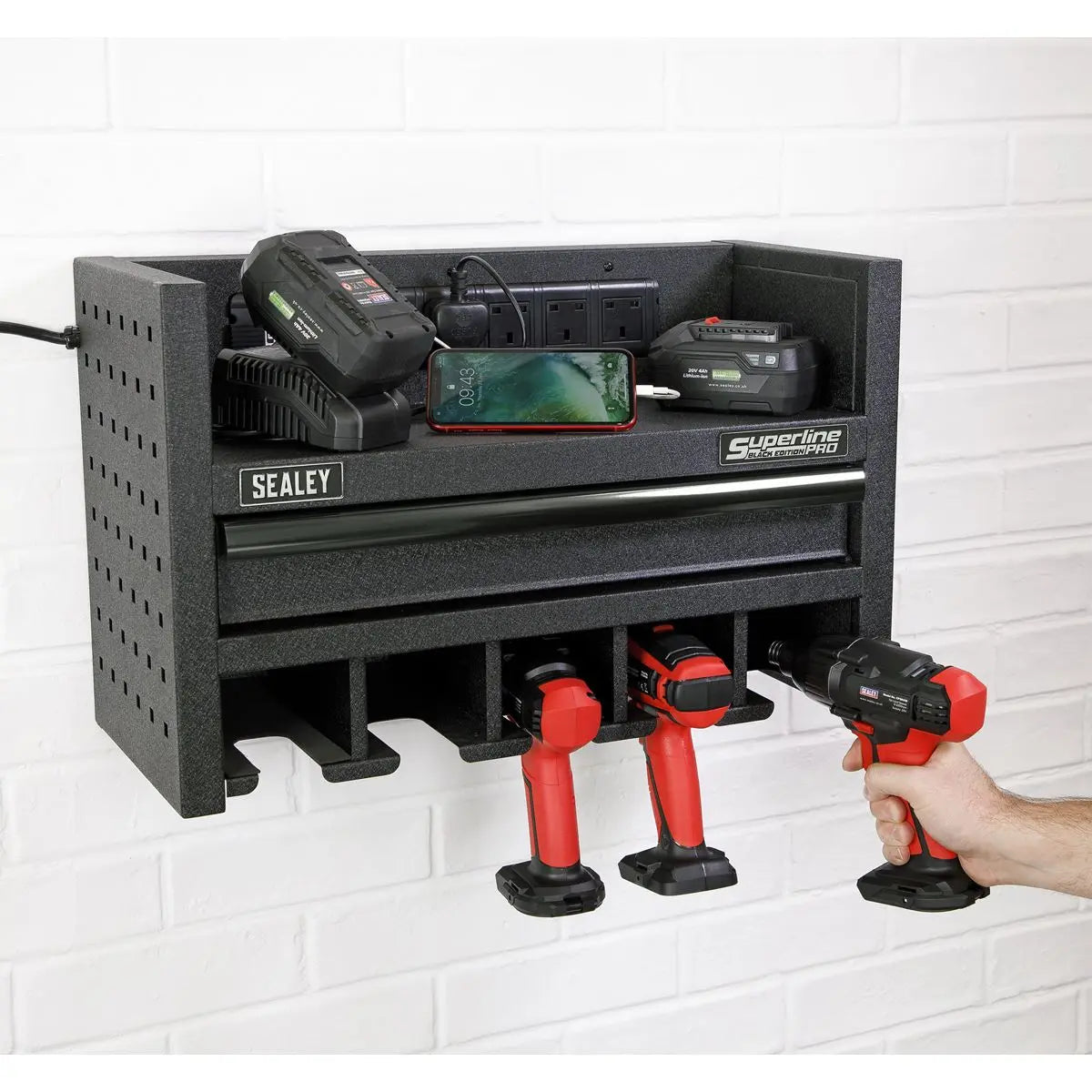 Sealey Superline Pro Power Tool Storage Rack with Drawer & Power Strip 