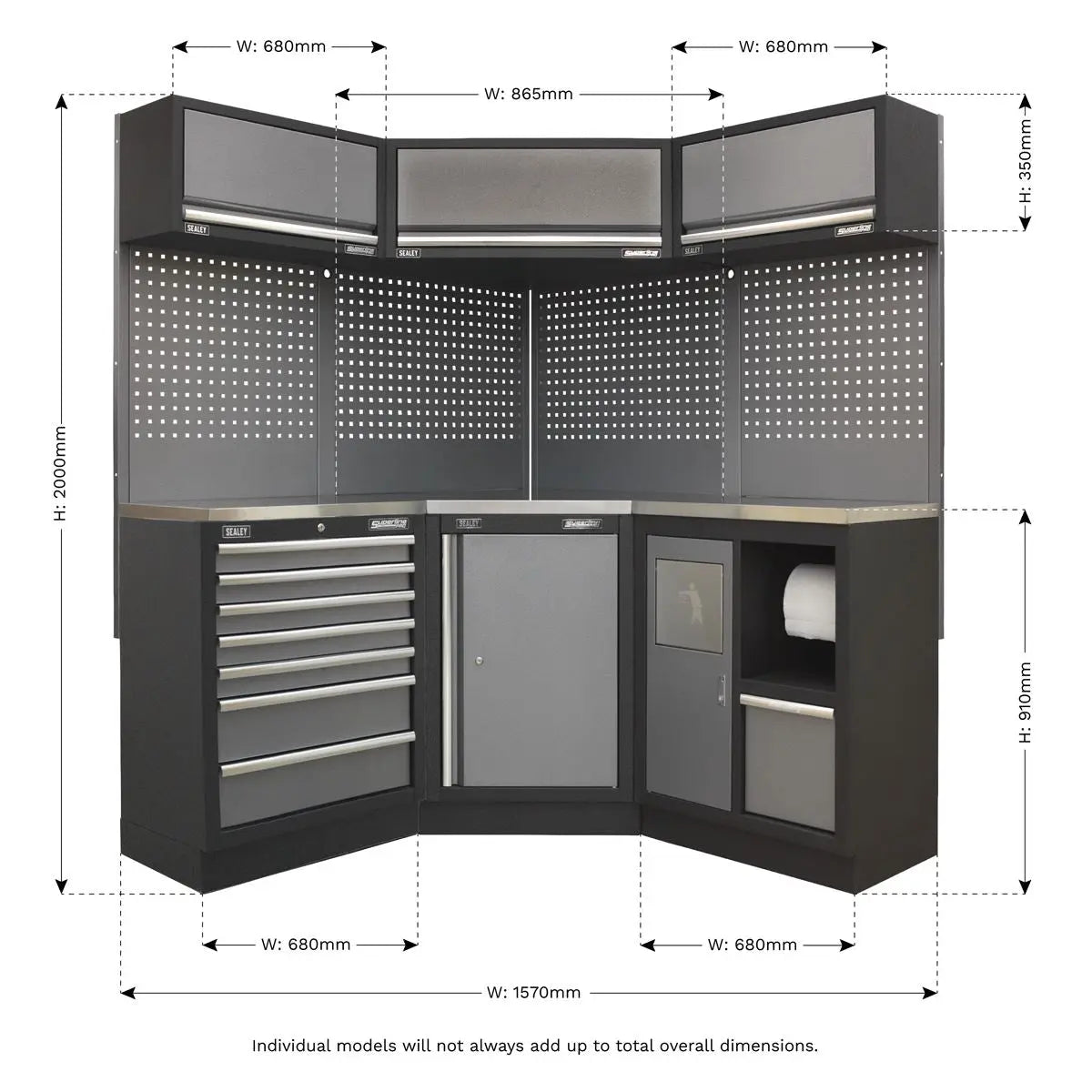Sealey Superline Pro Superline PRO® 1.6m Corner Storage System - Stainless Worktop  White Rose Tools
