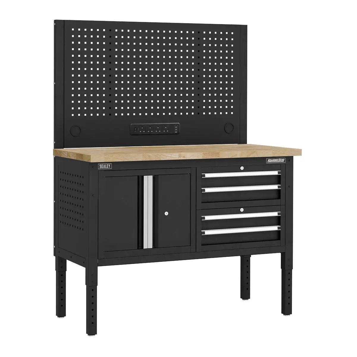 Sealey Superline Pro Superline PRO® Modular Workbench with 4 Drawers & Cupboard Wooden Worktop 1265mm  White Rose Tools