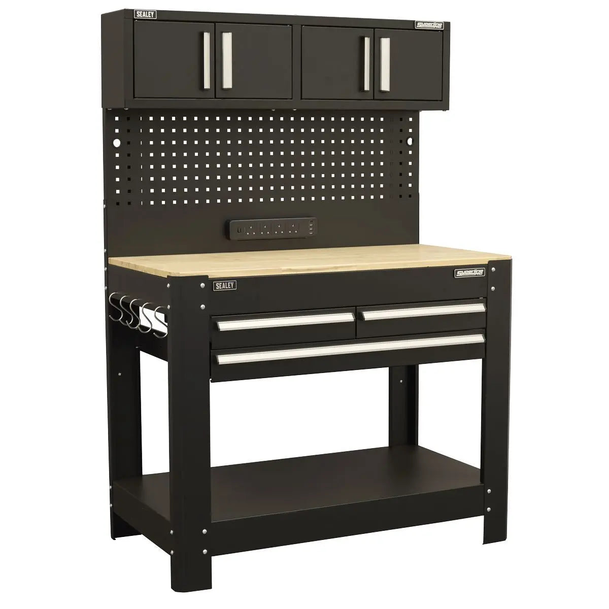 Sealey Superline Pro Superline PRO® Workbench with Pegboard Back Panel, Power Bar & Wooden Worktop  White Rose Tools