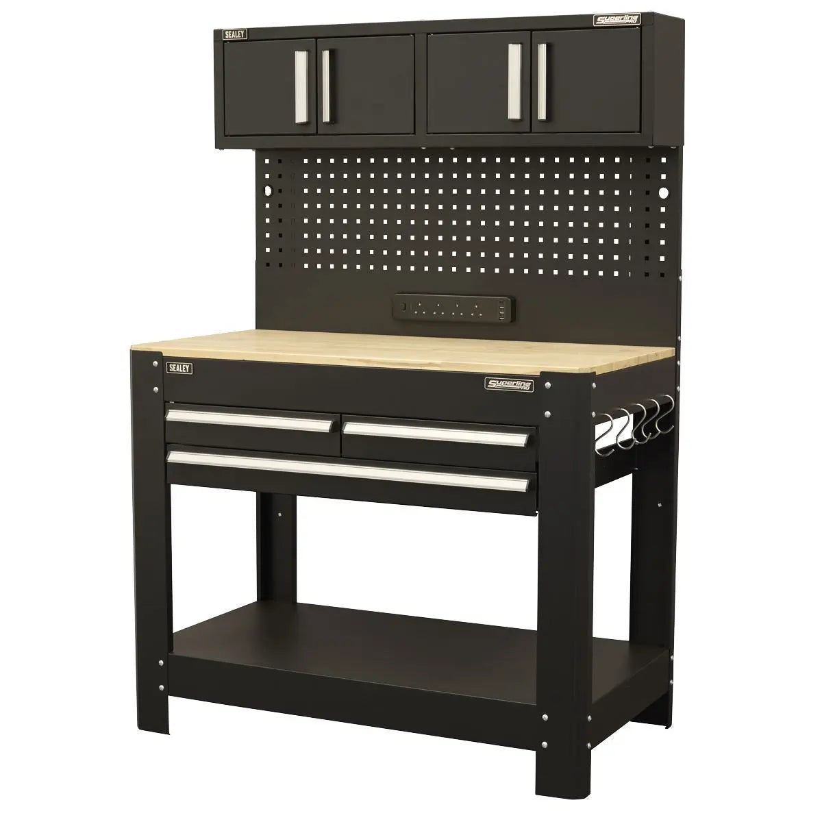 Sealey Superline Pro Superline PRO® Workbench with Pegboard Back Panel, Power Bar & Wooden Worktop  White Rose Tools