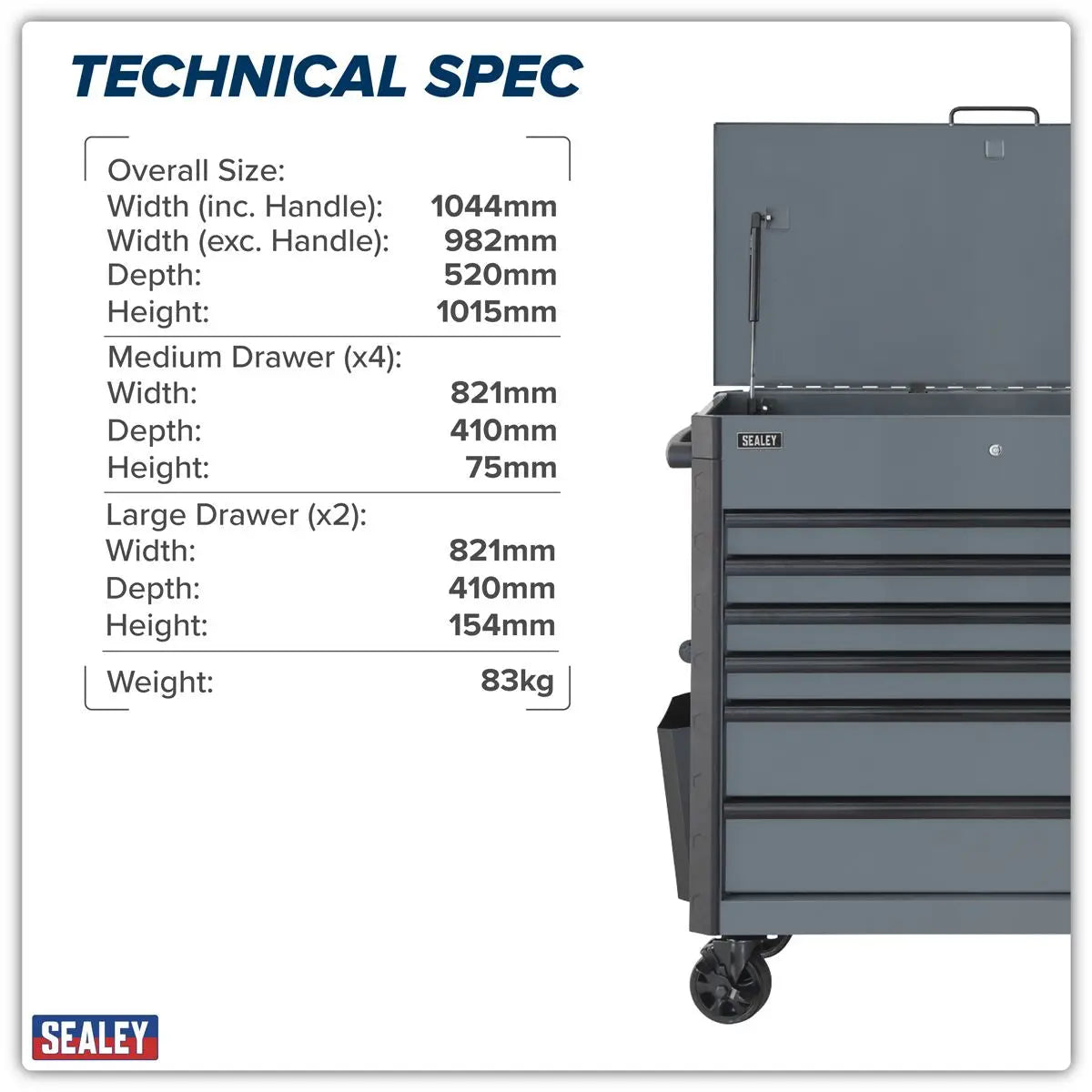 Sealey Superline Pro Tool Trolley 6 Drawer - Grey  White Rose Tools