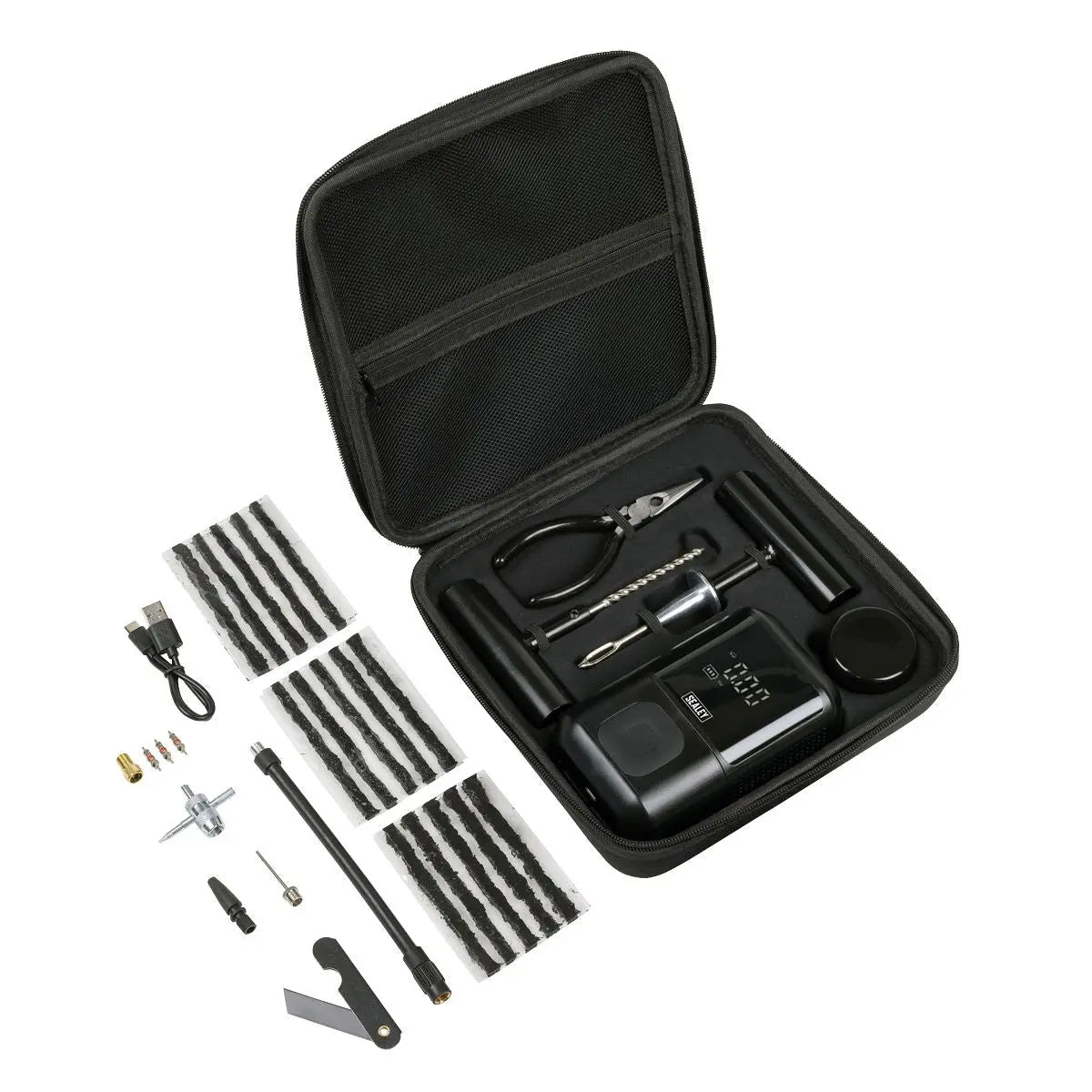 Sealey Temporary Puncture Repair Kit & Rechargeable Tyre Inflator  White Rose Tools