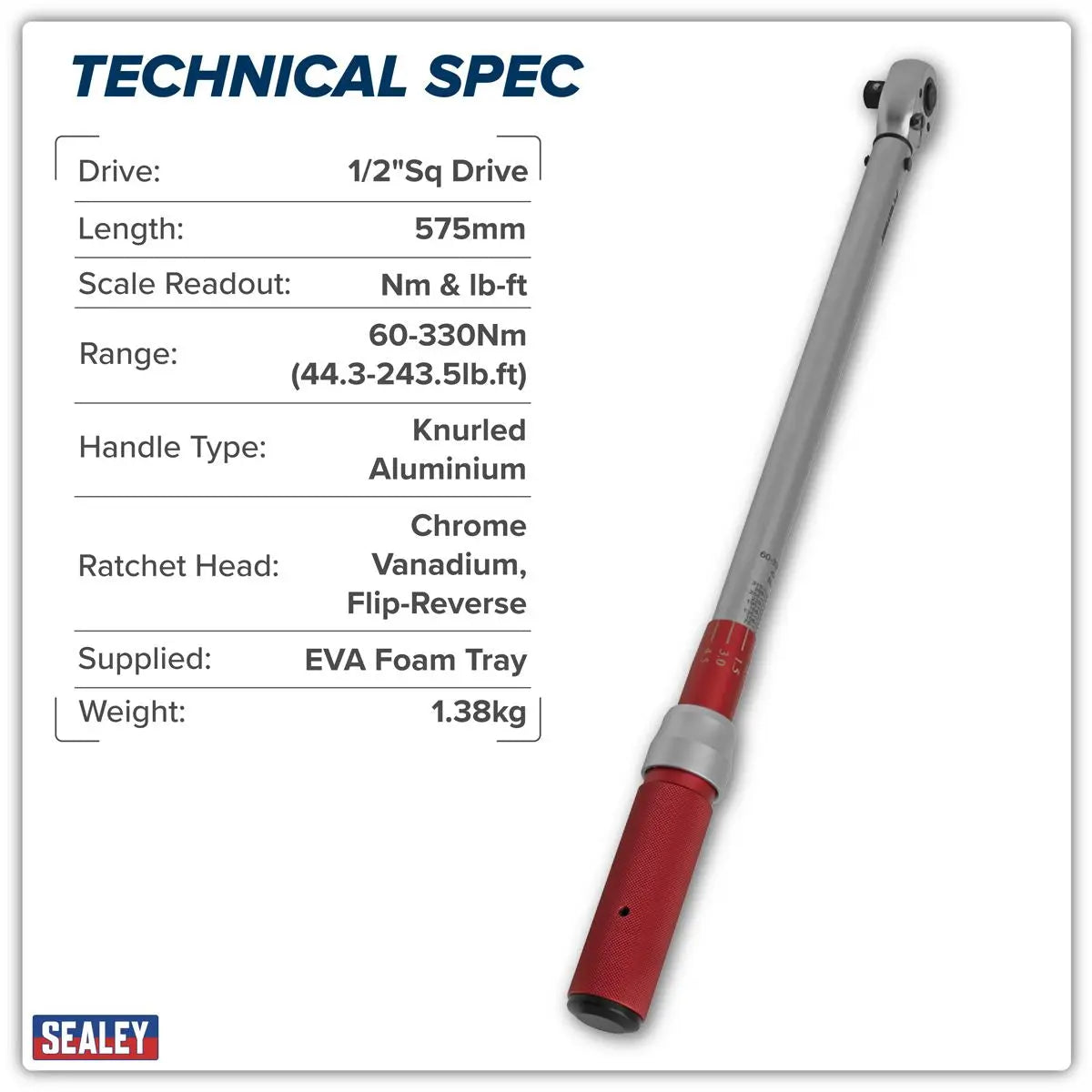 Sealey Torque Wrench Micrometer Style 1/2" Drive 60-330Nm Calibrated in EVA Tray  White Rose Tools