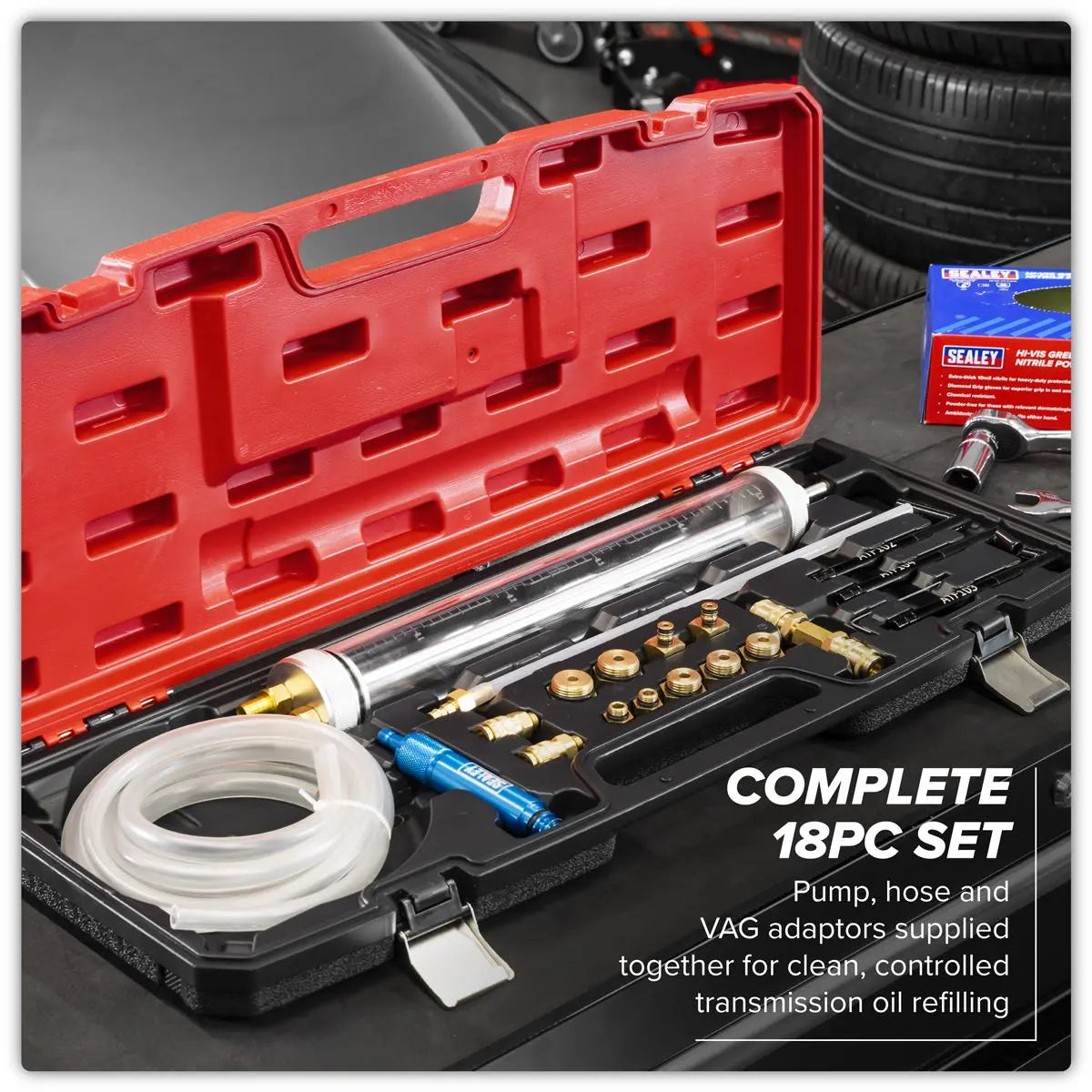 Sealey Transmission Oil Refilling Pump & Adaptor Kit for VAG 18pc  White Rose Tools