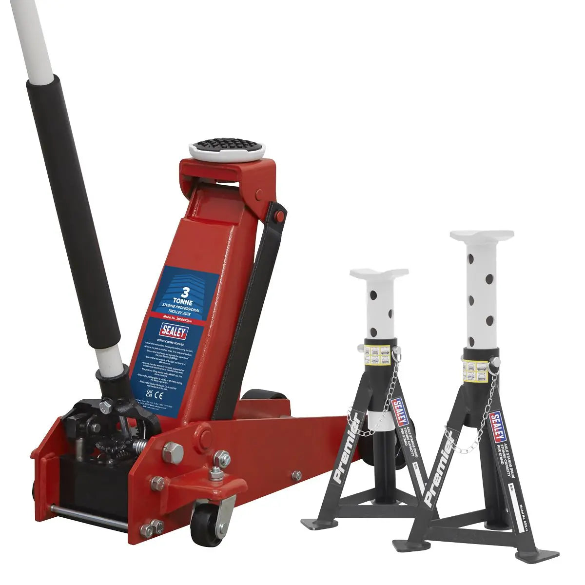 Sealey Trolley Jack 3 Tonne & Axle Stands (Pair) 3 Tonne per Stand Combo 