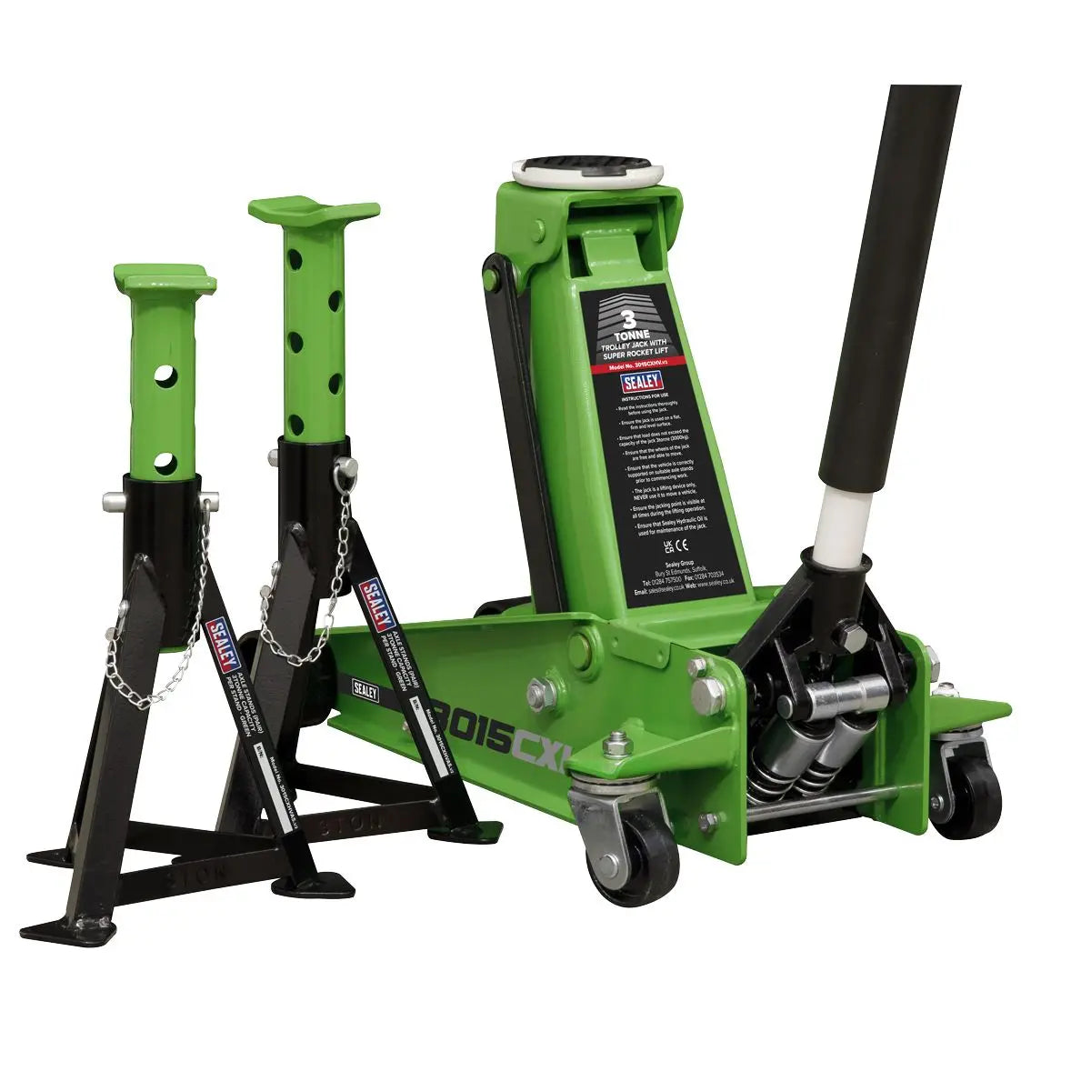 Sealey Trolley Jack with Super Rocket Lift 3 Tonne & Axle Stands (Pair) 3 Tonne Capacity per Stand - Green 