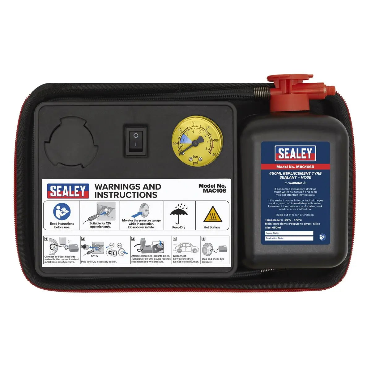 Sealey Tyre Inflator 12V & Emergency Puncture Sealant Kit 