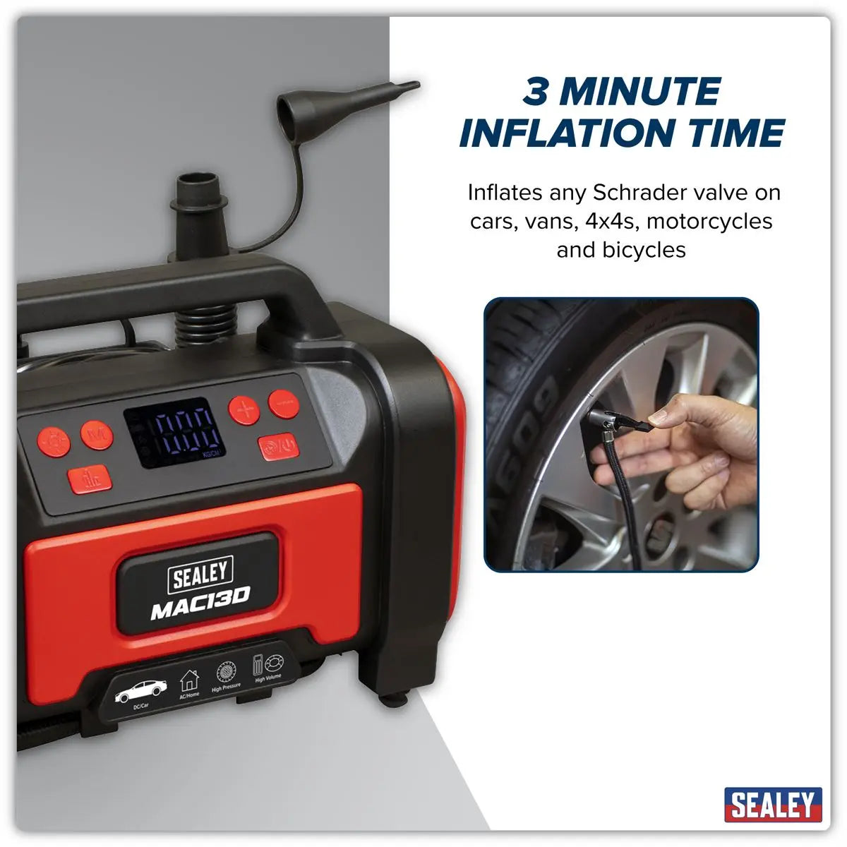 Sealey Tyre Inflator & High-Volume Air Pump 12V/230V AC  White Rose Tools