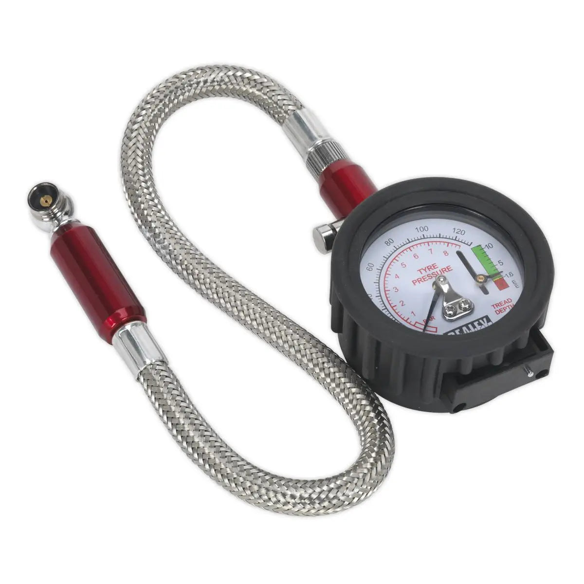 Sealey Tyre Pressure Gauge & Tyre Tread Depth Gauge - Flexible Hose 0-8bar(0-120psi) 