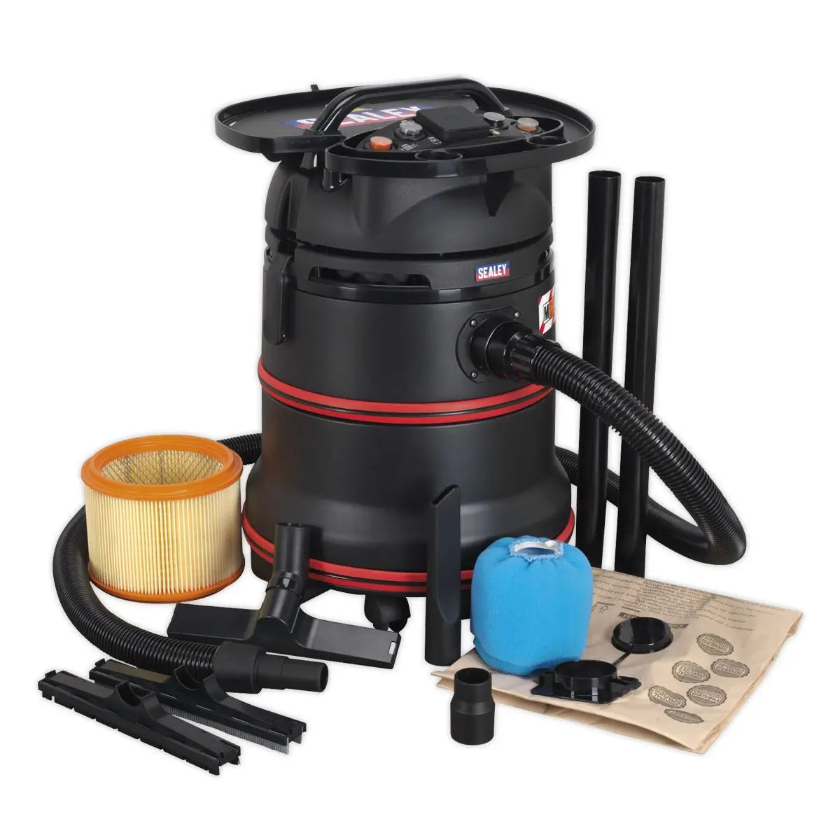 Sealey Vacuum Cleaner Industrial Wet/Dry 35L 1200W/230V Plastic Drum M Class Filtration Self-Clean Filter 