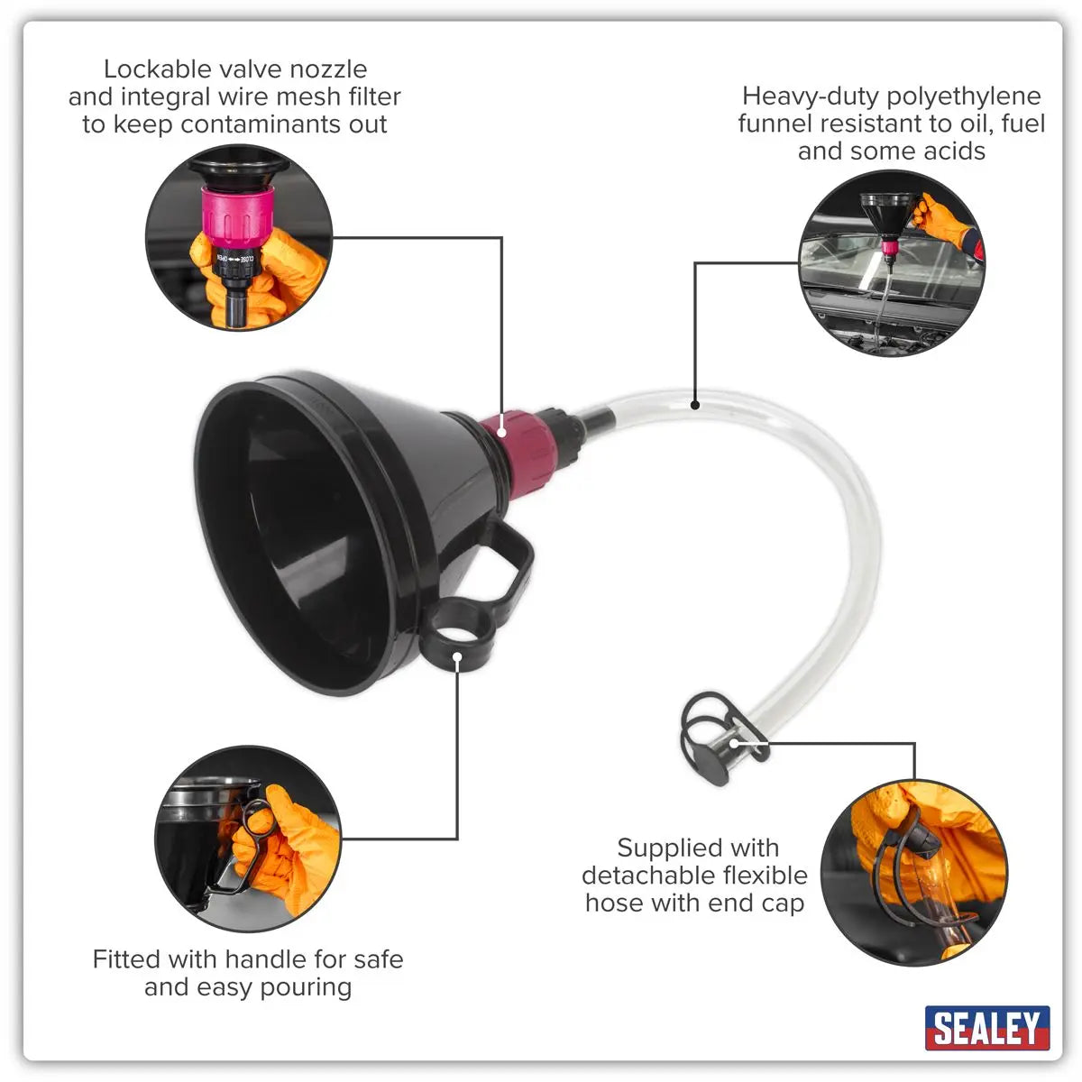 Sealey Valved Flexible Spout Funnel with Filter 160mm  White Rose Tools