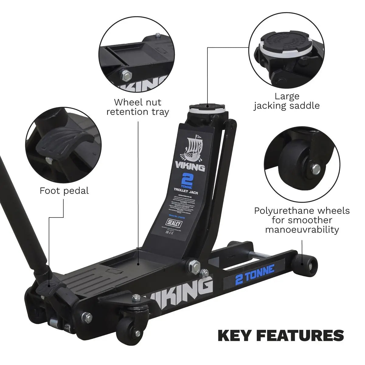Sealey Viking 2 Tonne Low Entry Long Reach Trolley Jack with Rocket Lift 