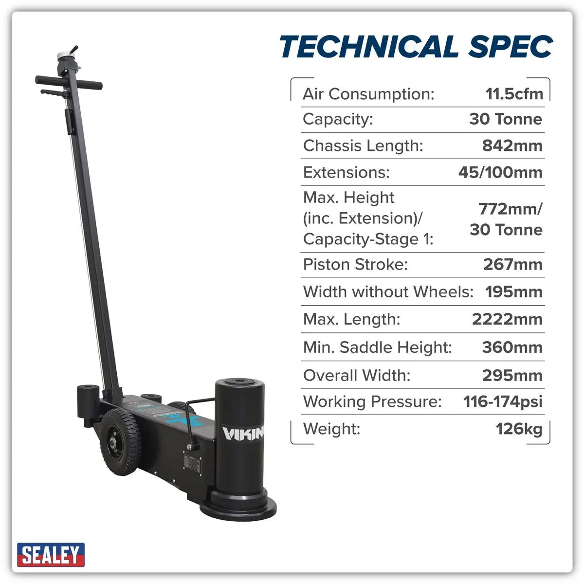Sealey Viking Air Operated High Lift Single Stage Jack 30 Tonne  White Rose Tools