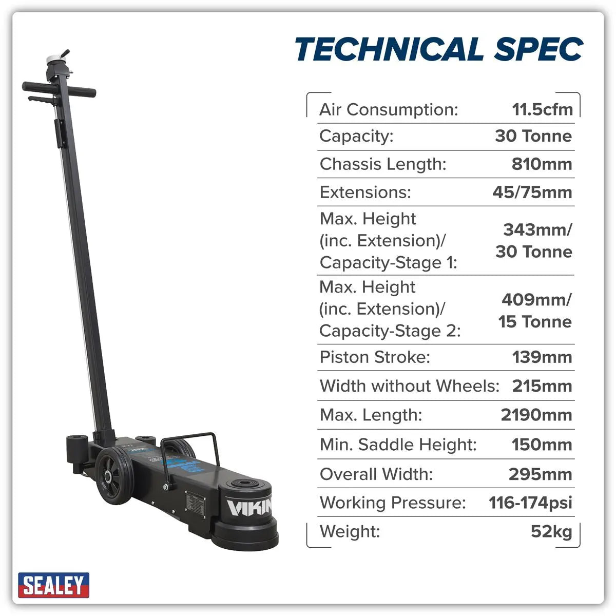 Sealey Viking Long Reach/Low Profile Air Operated Telescopic Jack 15-30 Tonne  White Rose Tools