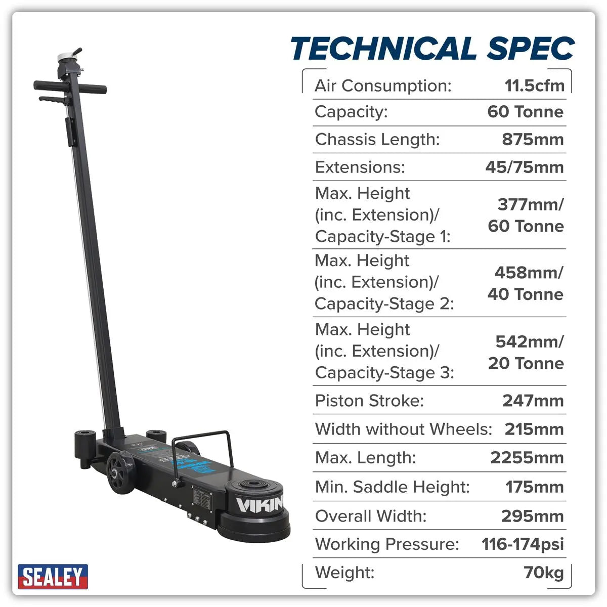 Sealey Viking Long Reach/Low Profile Air Operated Telescopic Jack 20-60 Tonne  White Rose Tools