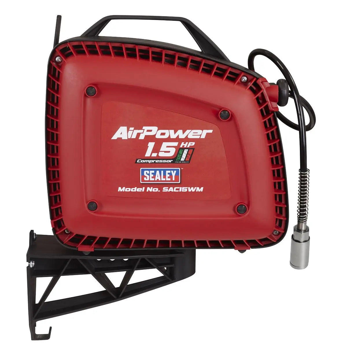 Sealey Wall Mounting Oil Free Air Compressor 1.5hp with 7m Retractable Hose Reel  White Rose Tools