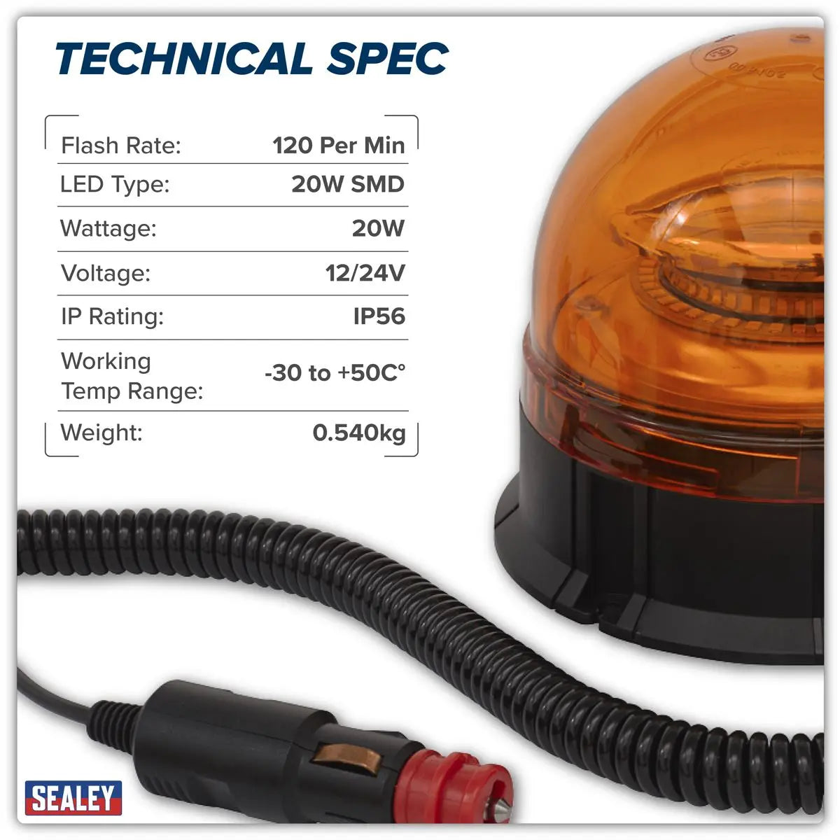 Sealey Warning Beacon 20W SMD LED 12/24V Magnetic Base  White Rose Tools