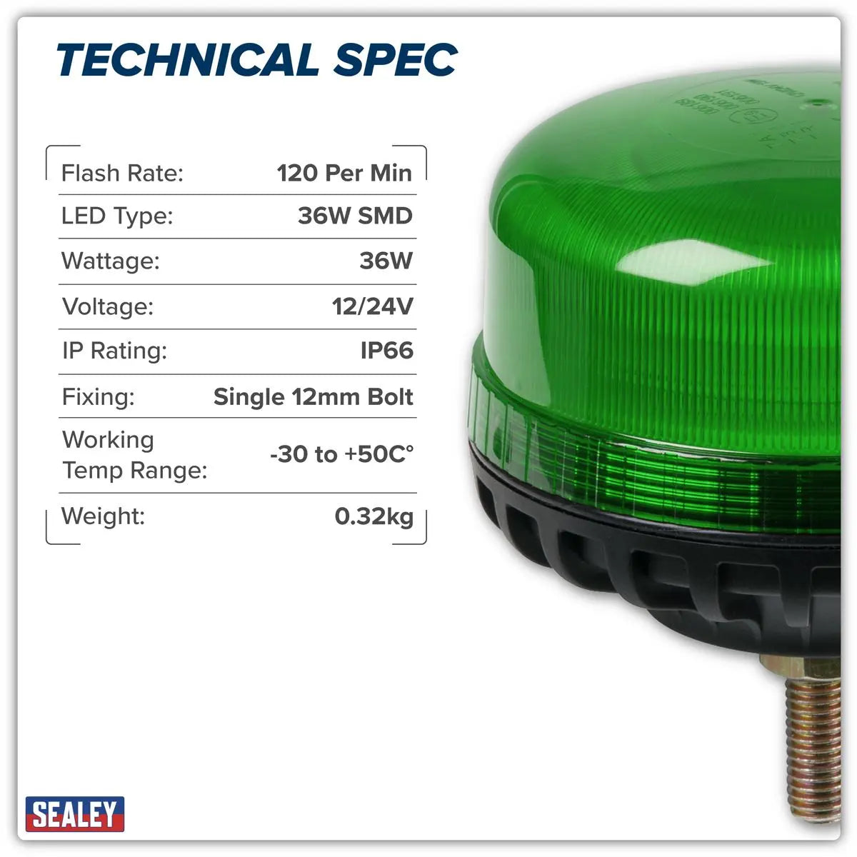 Sealey Warning Beacon SMD LED 12/24V 12mm Bolt Fixing - Green  White Rose Tools
