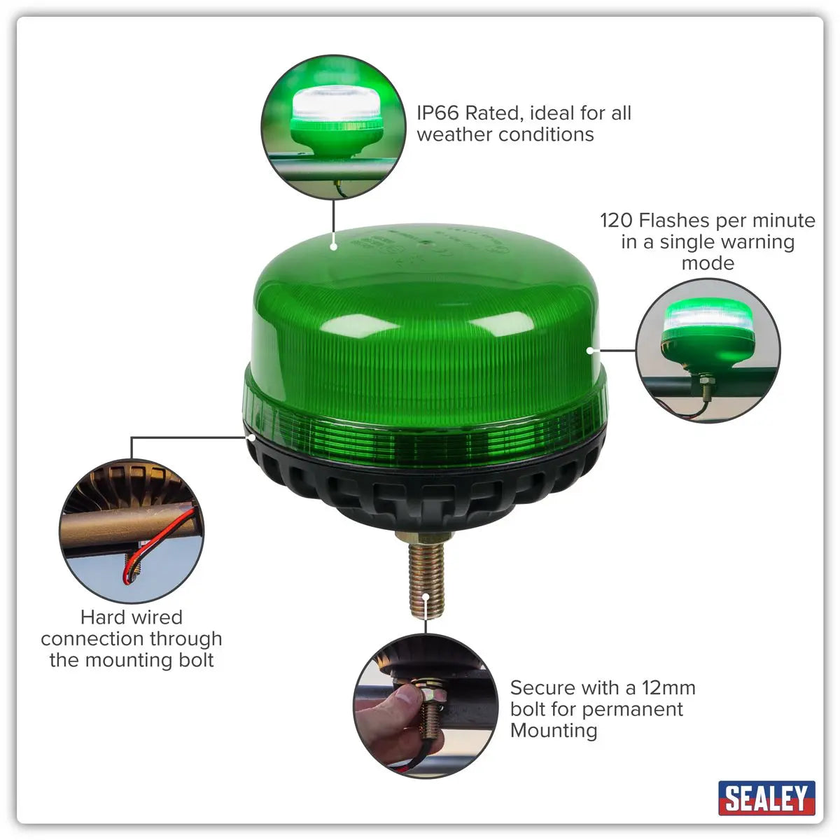 Sealey Warning Beacon SMD LED 12/24V 12mm Bolt Fixing - Green  White Rose Tools