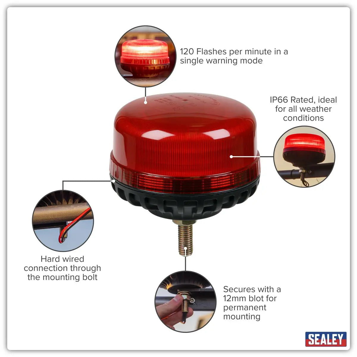 Sealey Warning Beacon SMD LED 12/24V 12mm Bolt Fixing - Red  White Rose Tools