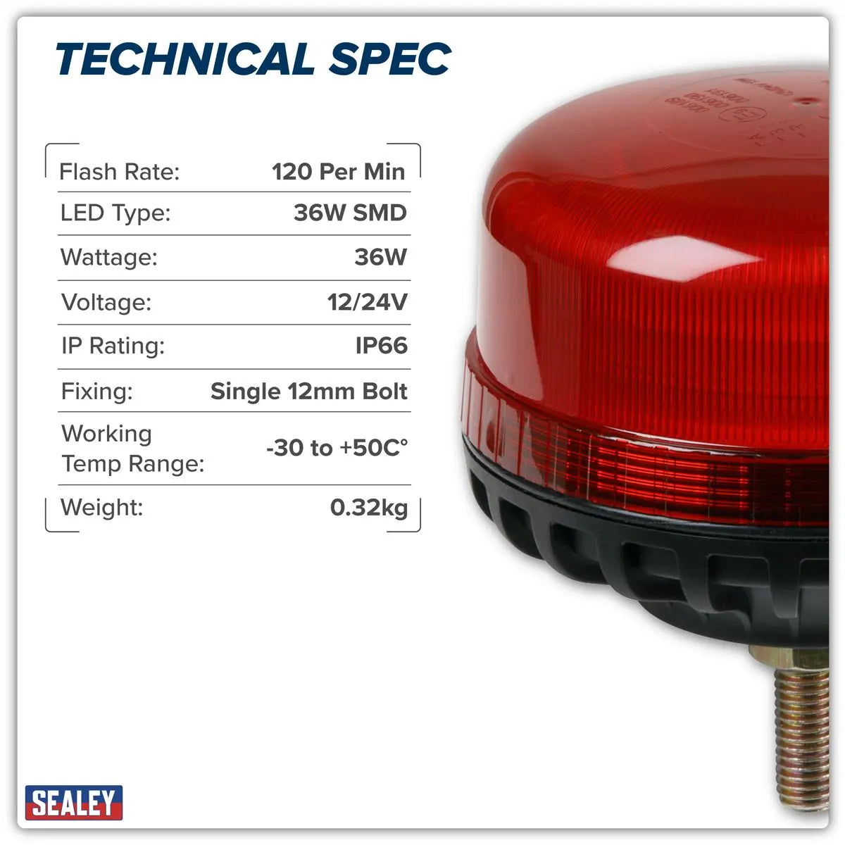 Sealey Warning Beacon SMD LED 12/24V 12mm Bolt Fixing - Red  White Rose Tools