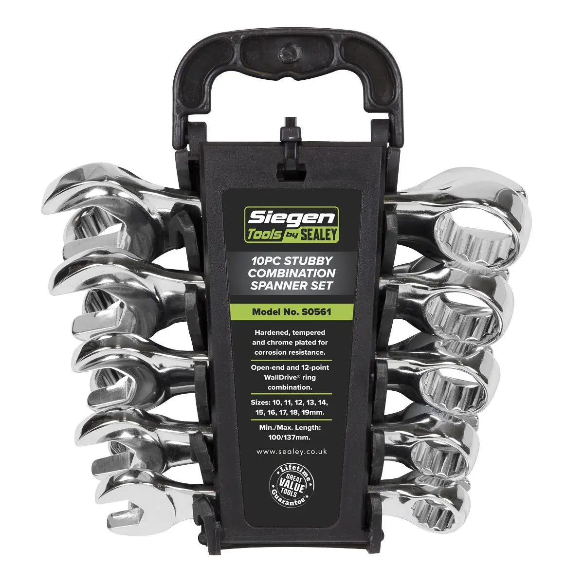 Siegen 10 Piece Stubby Combination Spanner Set 10-19mm Open End Ring Carry Case 