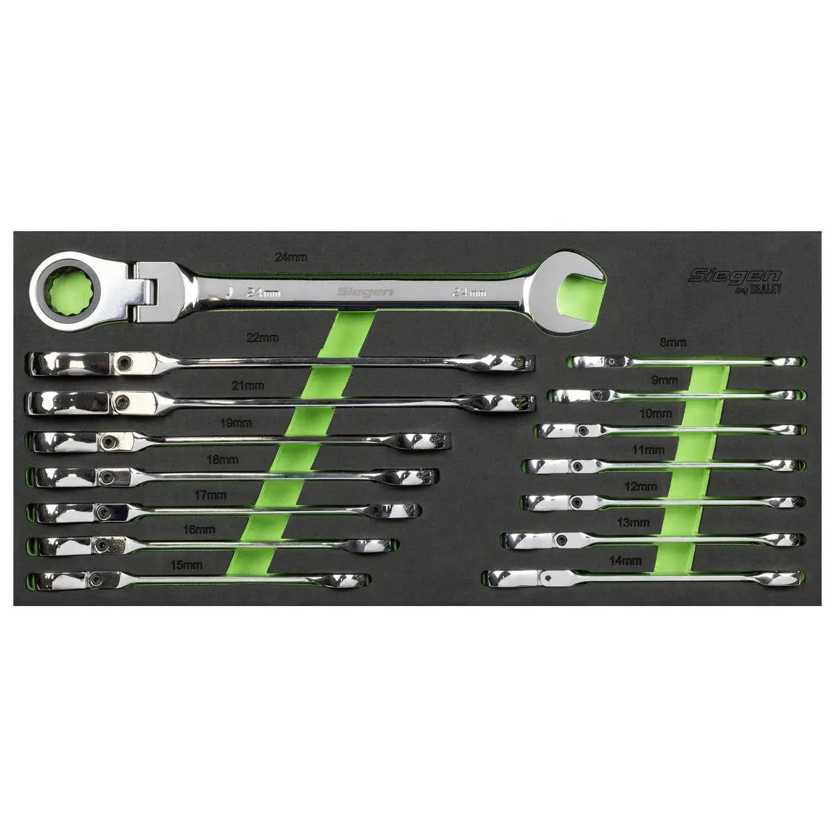 Siegen by Sealey Flexi-Head Combination Ratchet Spanner Set 15pc  White Rose Tools