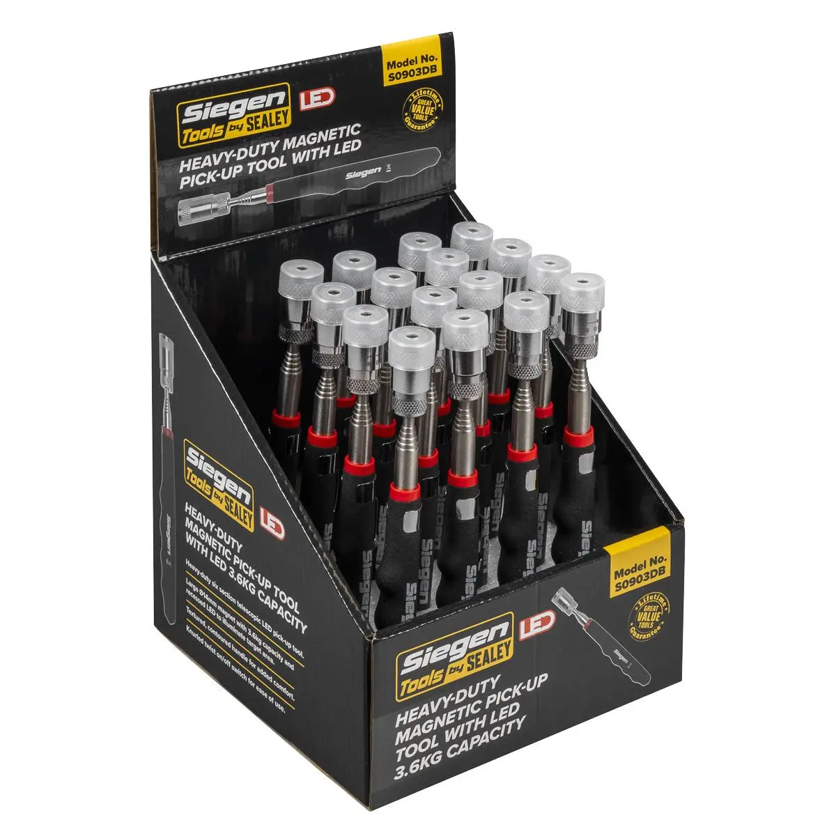 Siegen by Sealey Heavy-Duty Magnetic Pick-Up Tool with LED 3.6kg Capacity Display Box of 16 
