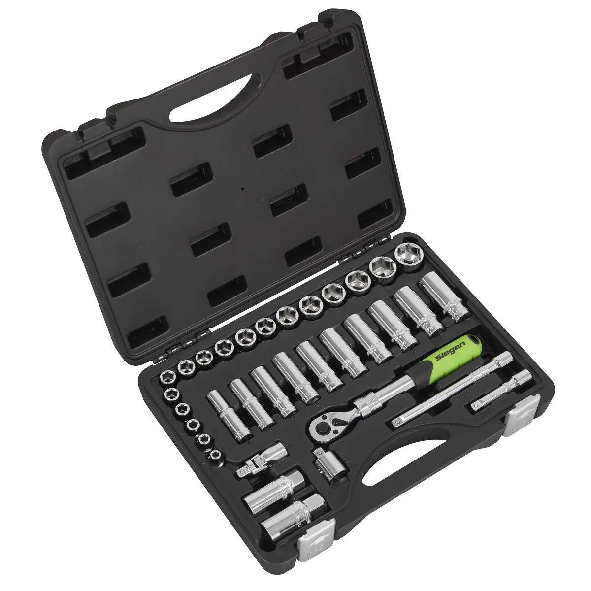 Siegen by Sealey Socket Set Extendable Ratchet 3/8"Sq Drive 34pc  White Rose Tools