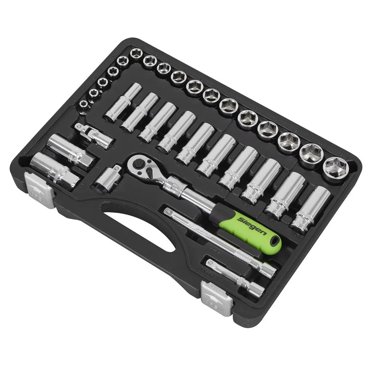 Siegen by Sealey Socket Set Extendable Ratchet 3/8"Sq Drive 34pc  White Rose Tools