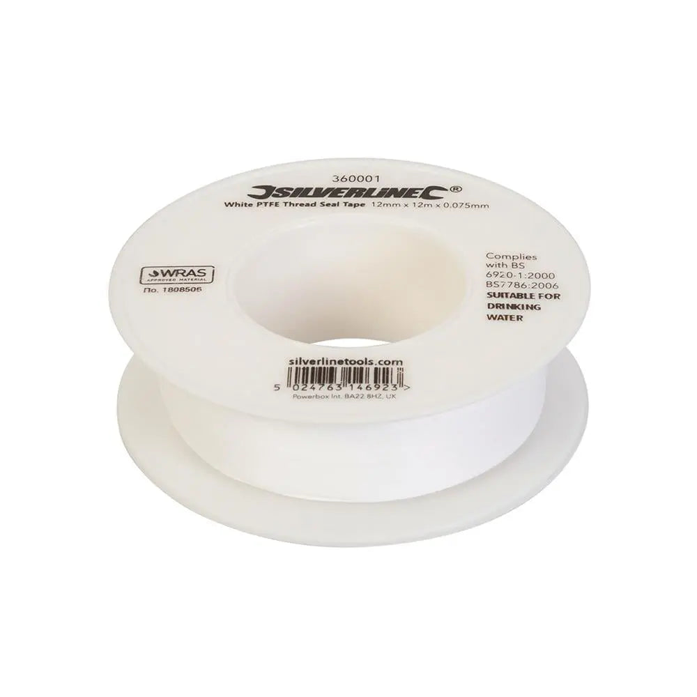 Silverline 1 Roll White PTFE Thread Seal Tap Water Plumbing 12mm x 12m 