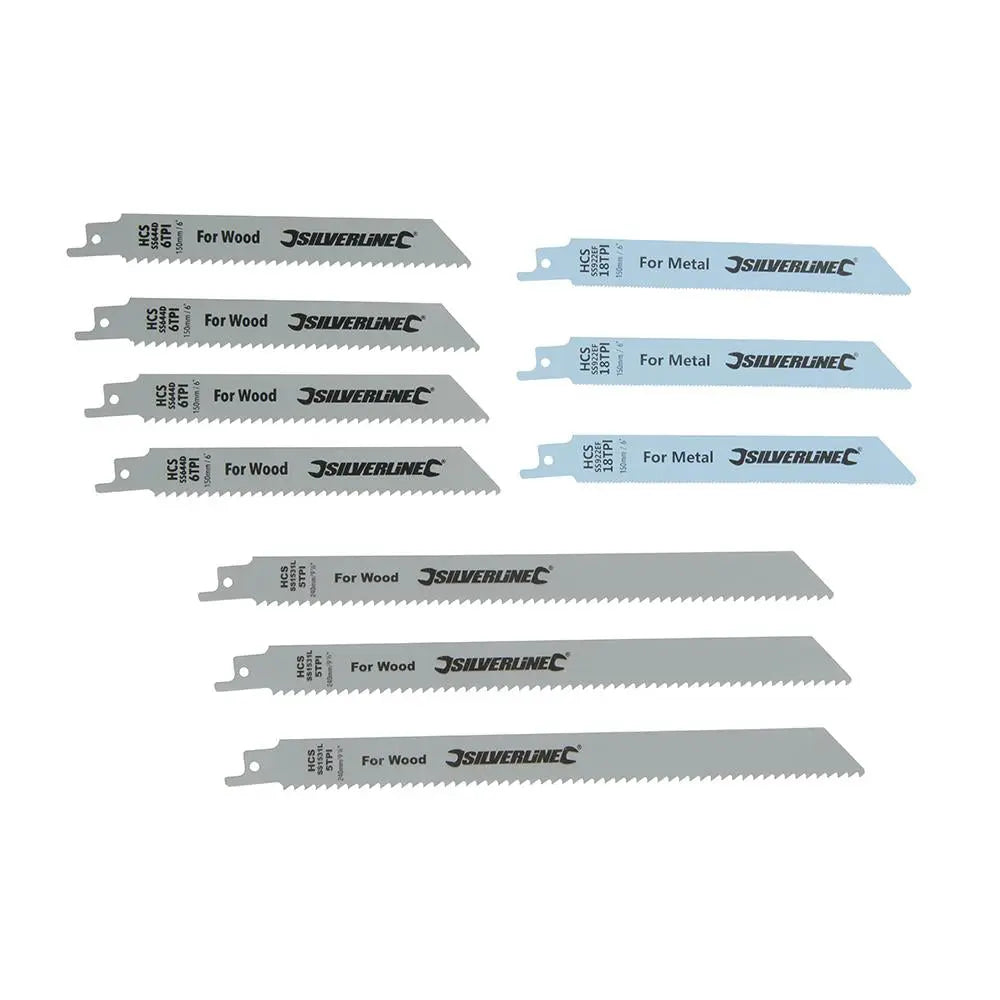 Silverline 10 Pack Recipro Saw Blade Set Sabre Metal Wood 150, 240mm 