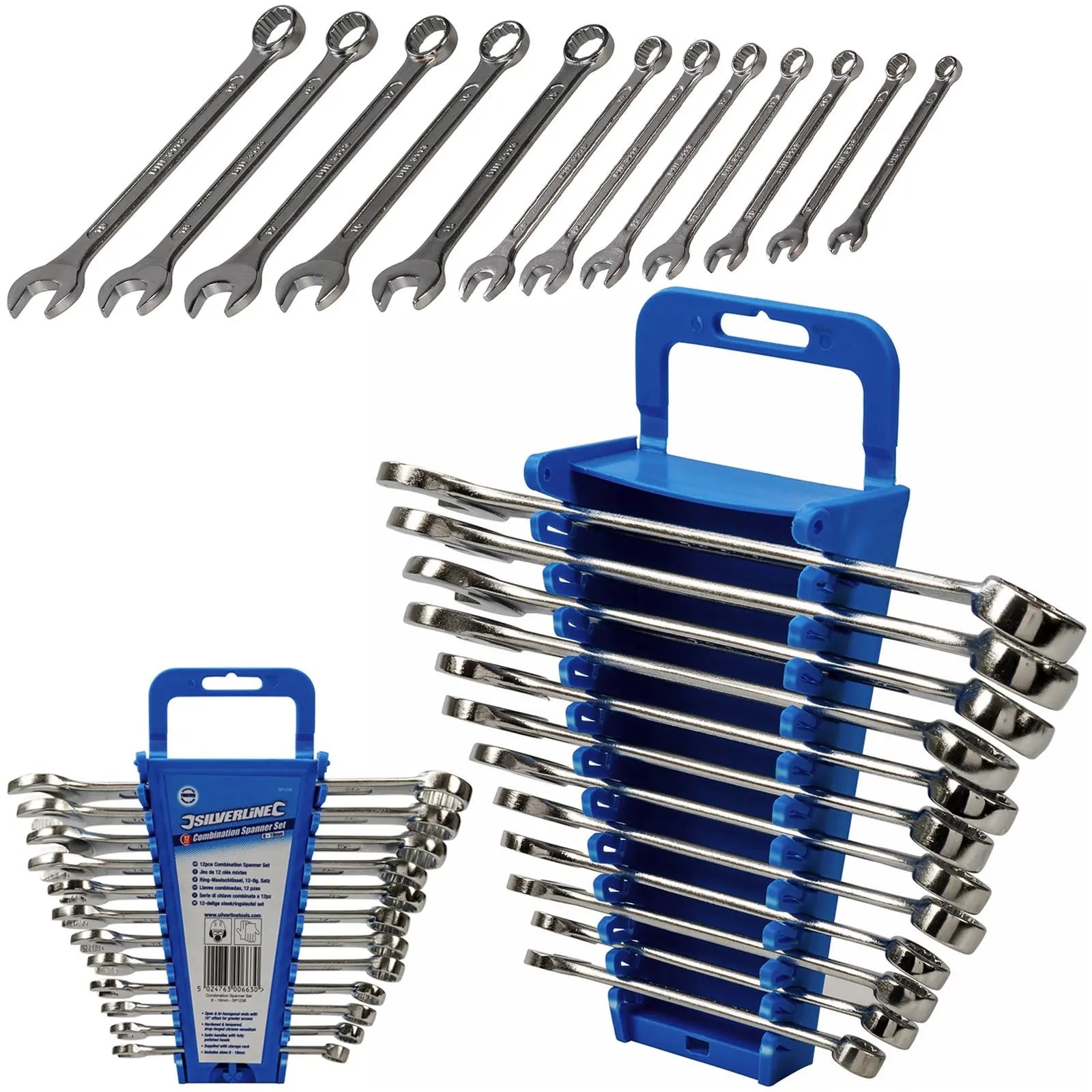 Silverline 12 Piece Combination Spanner Set 8-19mm Open End Hex Storage Rack 